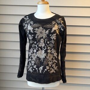 Johnny Was Black Top with White Floral Embroidery